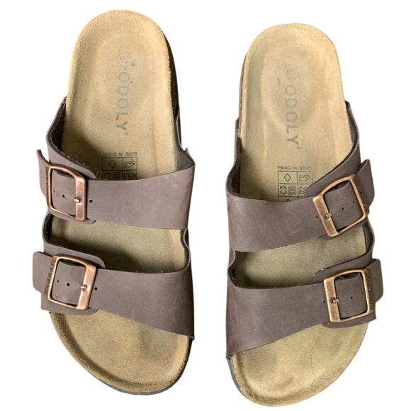 Odoly Mens Size 6.5 Womens 8.5 Brown Faux Leather Slide On Cork Sandal Shoes - Picture 4 of 7